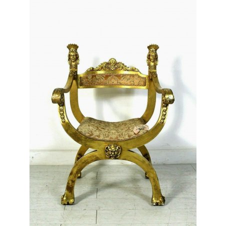 ANTICA SEDIA SAVONAROLA DANTESCA ARMCHAIR CHAIR GILDED LEGNO FOGLIA ORO DECORO