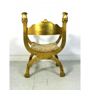 ANTICA SEDIA SAVONAROLA DANTESCA ARMCHAIR CHAIR GILDED LEGNO FOGLIA ORO DECORO