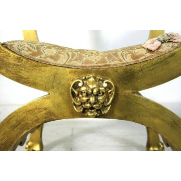 ANTICA SEDIA SAVONAROLA DANTESCA ARMCHAIR CHAIR GILDED LEGNO FOGLIA ORO DECORO
