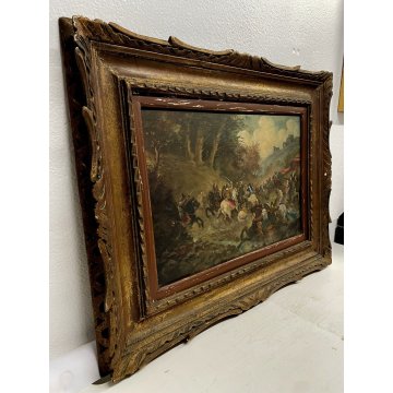 ANTICO QUADRO DIPINTO OLIO SCENA Battaglia CAVALIERI CAVALLI BANDIERA ROSSA '800