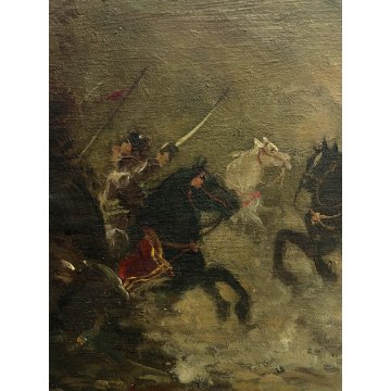 ANTICO QUADRO DIPINTO OLIO SCENA Battaglia CAVALIERI CAVALLI BANDIERA ROSSA '800