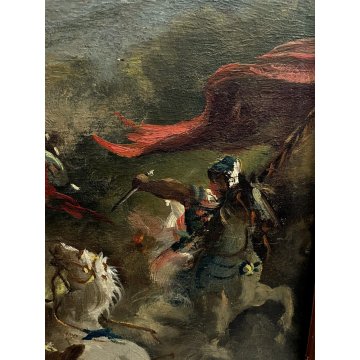 ANTICO QUADRO DIPINTO OLIO SCENA Battaglia CAVALIERI CAVALLI BANDIERA ROSSA '800