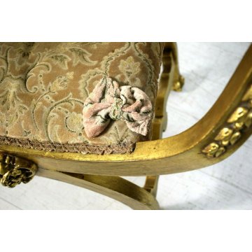 ANTICA SEDIA SAVONAROLA DANTESCA ARMCHAIR CHAIR GILDED LEGNO FOGLIA ORO DECORO