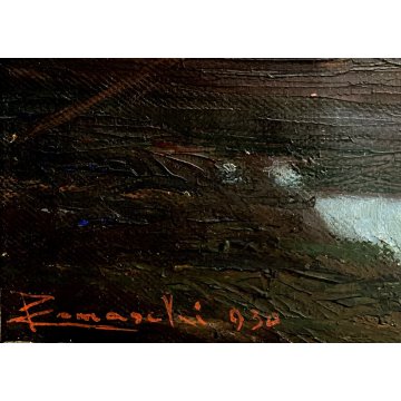 ANTICO QUADRO DIPINTO OLIO P Comaschi PAESAGGIO FLUVIALE FOCE LACUSTRE BARCA '30