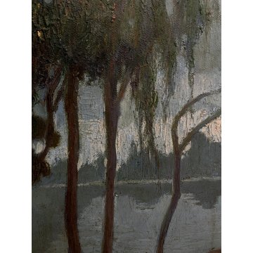 ANTICO QUADRO DIPINTO OLIO P Comaschi PAESAGGIO FLUVIALE FOCE LACUSTRE BARCA '30