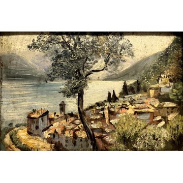 ANTICO PICCOLO DIPINTO OLIO VEDUTA PAESAGGIO LACUSTRE Lago Maggiore (?) '900