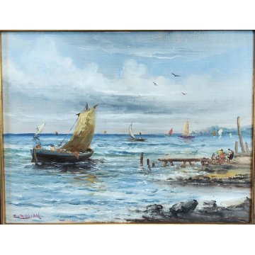 ANTICO QUADRO olio tela DIPINTO R. Zulian MARINA PESCATORI golfo BARCHE A VELA