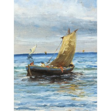 ANTICO QUADRO olio tela DIPINTO R. Zulian MARINA PESCATORI golfo BARCHE A VELA