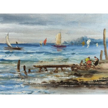 ANTICO QUADRO olio tela DIPINTO R. Zulian MARINA PESCATORI golfo BARCHE A VELA