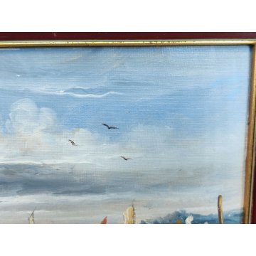 ANTICO QUADRO olio tela DIPINTO R. Zulian MARINA PESCATORI golfo BARCHE A VELA