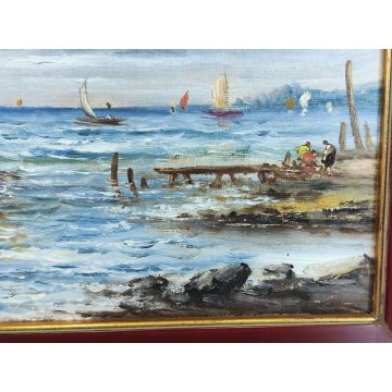 ANTICO QUADRO olio tela DIPINTO R. Zulian MARINA PESCATORI golfo BARCHE A VELA