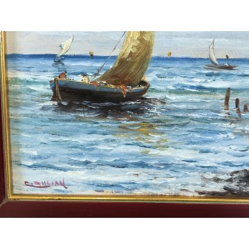 ANTICO QUADRO olio tela DIPINTO R. Zulian MARINA PESCATORI golfo BARCHE A VELA