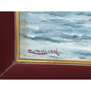 ANTICO QUADRO olio tela DIPINTO R. Zulian MARINA PESCATORI golfo BARCHE A VELA