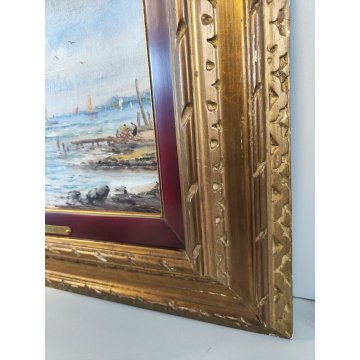 ANTICO QUADRO olio tela DIPINTO R. Zulian MARINA PESCATORI golfo BARCHE A VELA