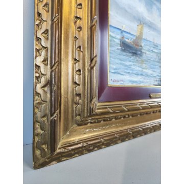 ANTICO QUADRO olio tela DIPINTO R. Zulian MARINA PESCATORI golfo BARCHE A VELA