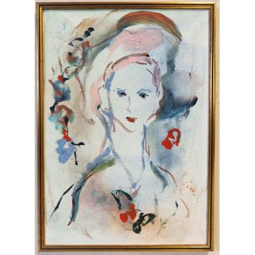 QUADRO DIPINTO Ernesto Treccani VOLTO DONNA FIORI Figura EPOCA 900 Cornice Oro