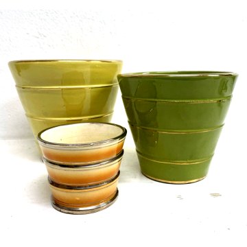 SET 3 VASI CERAMICA SMALTATA VINTAGE CACHE POT PORTAVASO DECORO FASCE '40/'50