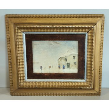 ANTICO QUADRO ACQUERELLO epoca 900 DIPINTO PAESAGGIO INVERNALE CASE NEVE FIGURE