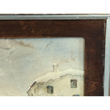 ANTICO QUADRO ACQUERELLO epoca 900 DIPINTO PAESAGGIO INVERNALE CASE NEVE FIGURE