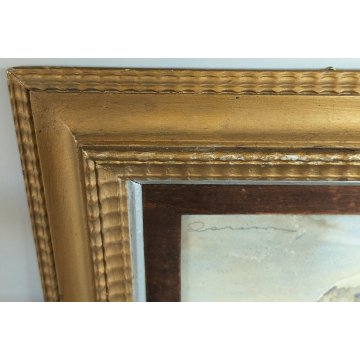 ANTICO QUADRO ACQUERELLO epoca 900 DIPINTO PAESAGGIO INVERNALE CASE NEVE FIGURE