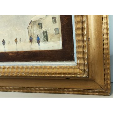 ANTICO QUADRO ACQUERELLO epoca 900 DIPINTO PAESAGGIO INVERNALE CASE NEVE FIGURE