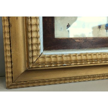 ANTICO QUADRO ACQUERELLO epoca 900 DIPINTO PAESAGGIO INVERNALE CASE NEVE FIGURE