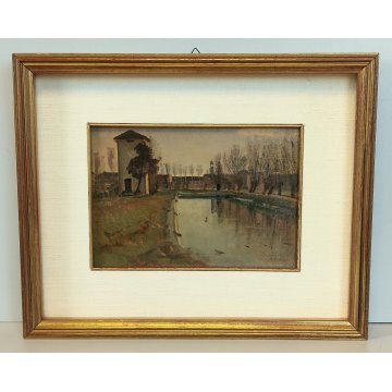 ANTICO QUADRO DIPINTO OLIO TAVOLA Francesco Arata CAMPAGNA FIUME CANALE '900