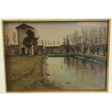 ANTICO QUADRO DIPINTO OLIO TAVOLA Francesco Arata CAMPAGNA FIUME CANALE '900