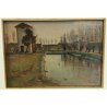 ANTICO QUADRO DIPINTO OLIO TAVOLA Francesco Arata CAMPAGNA FIUME CANALE '900