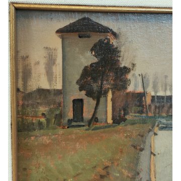 ANTICO QUADRO DIPINTO OLIO TAVOLA Francesco Arata CAMPAGNA FIUME CANALE '900