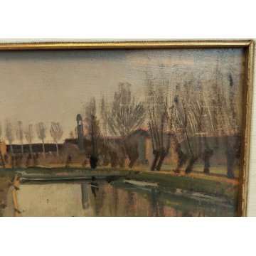 ANTICO QUADRO DIPINTO OLIO TAVOLA Francesco Arata CAMPAGNA FIUME CANALE '900