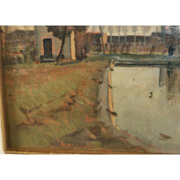 ANTICO QUADRO DIPINTO OLIO TAVOLA Francesco Arata CAMPAGNA FIUME CANALE '900