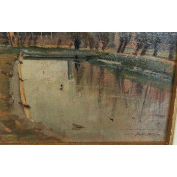 ANTICO QUADRO DIPINTO OLIO TAVOLA Francesco Arata CAMPAGNA FIUME CANALE '900