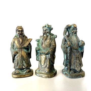 3 FIGURE STATUETTA BRONZO DIVINITA Fu Lu Shou SAGGI FENG SHUI ASTROLOGIA CINESE