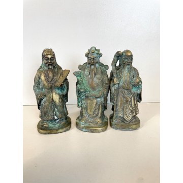 3 FIGURE STATUETTA BRONZO DIVINITA Fu Lu Shou SAGGI FENG SHUI ASTROLOGIA CINESE