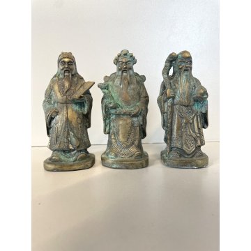 3 FIGURE STATUETTA BRONZO DIVINITA Fu Lu Shou SAGGI FENG SHUI ASTROLOGIA CINESE