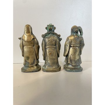 3 FIGURE STATUETTA BRONZO DIVINITA Fu Lu Shou SAGGI FENG SHUI ASTROLOGIA CINESE