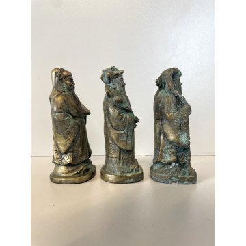 3 FIGURE STATUETTA BRONZO DIVINITA Fu Lu Shou SAGGI FENG SHUI ASTROLOGIA CINESE