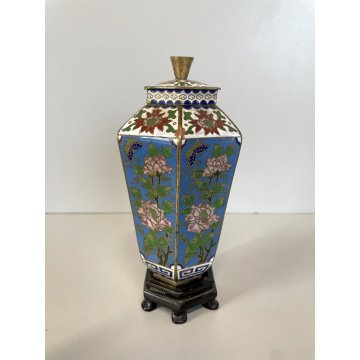 ANTICO VASO CINESE ESAGONALE BRONZO CLOISONNE SMALTO POLICROMO 14 cm/h