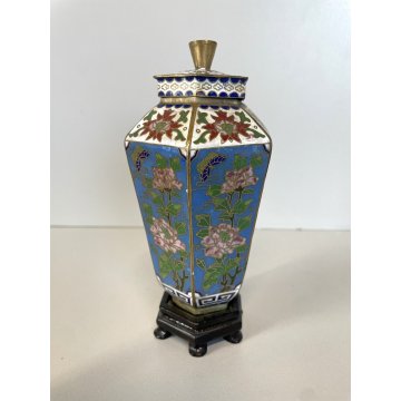 ANTICO VASO CINESE ESAGONALE BRONZO CLOISONNE SMALTO POLICROMO 14 cm/h