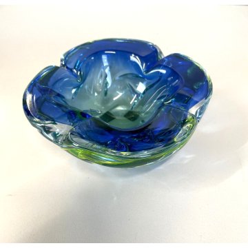 VINTAGE BOWL SVOTATASCHE VETRO Murano SOMMERSO BLU GIALLO FLUO ø 15 cm ANNI '70