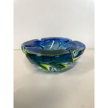 VINTAGE BOWL SVOTATASCHE VETRO Murano SOMMERSO BLU GIALLO FLUO ø 15 cm ANNI '70