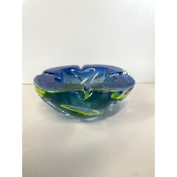 VINTAGE BOWL SVOTATASCHE VETRO Murano SOMMERSO BLU GIALLO FLUO ø 15 cm ANNI '70