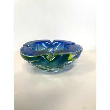 VINTAGE BOWL SVOTATASCHE VETRO Murano SOMMERSO BLU GIALLO FLUO ø 15 cm ANNI '70