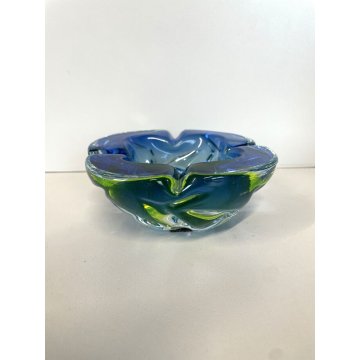 VINTAGE BOWL SVOTATASCHE VETRO Murano SOMMERSO BLU GIALLO FLUO ø 15 cm ANNI '70