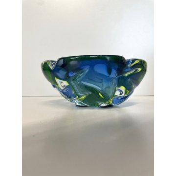 VINTAGE BOWL SVOTATASCHE VETRO Murano SOMMERSO BLU GIALLO FLUO ø 15 cm ANNI '70