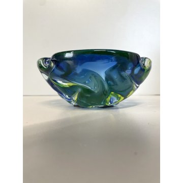 VINTAGE BOWL SVOTATASCHE VETRO Murano SOMMERSO BLU GIALLO FLUO ø 15 cm ANNI '70