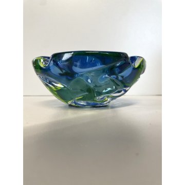 VINTAGE BOWL SVOTATASCHE VETRO Murano SOMMERSO BLU GIALLO FLUO ø 15 cm ANNI '70