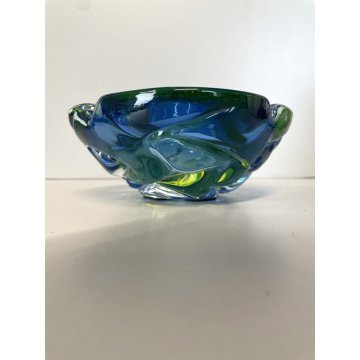 VINTAGE BOWL SVOTATASCHE VETRO Murano SOMMERSO BLU GIALLO FLUO ø 15 cm ANNI '70