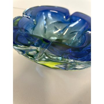 VINTAGE BOWL SVOTATASCHE VETRO Murano SOMMERSO BLU GIALLO FLUO ø 15 cm ANNI '70